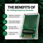 Bio-healing VanotCine Frequency Generator with benefits listed on a green leafy background
