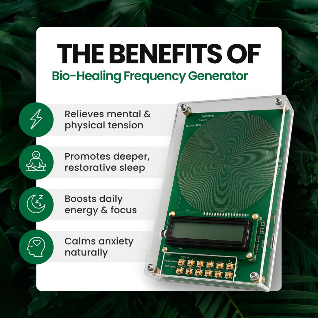 Bio-healing VanotCine Frequency Generator with benefits listed on a green leafy background