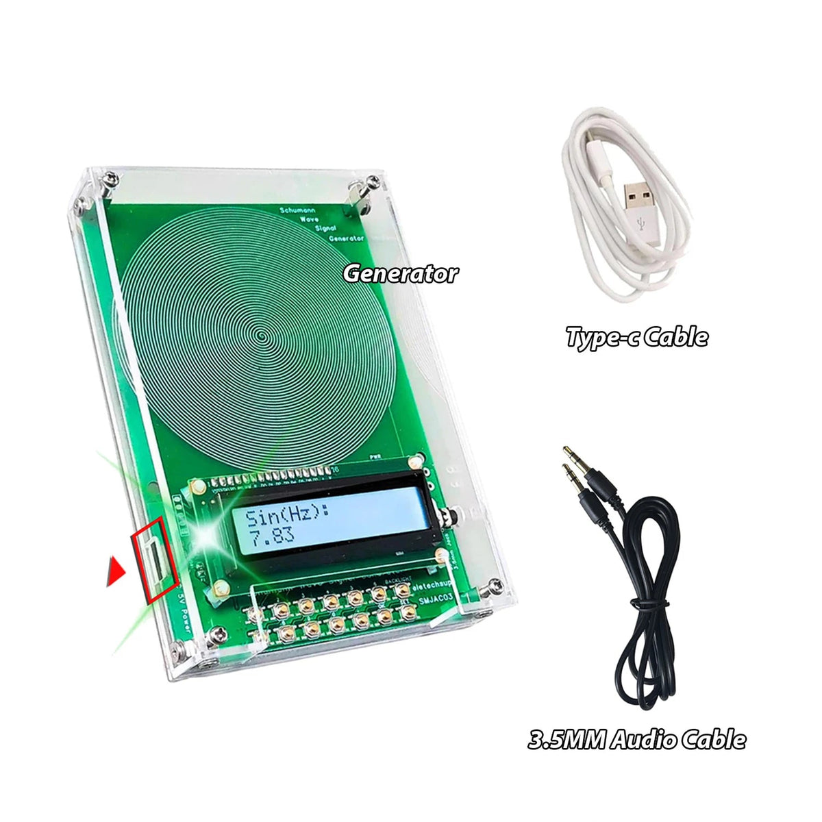 A handheld electronic RF generator kit with a green circuit board inside a clear plastic case, shown alongside a white USB Type-C cable and a black 3.5mm audio cable on a white background with text labels.