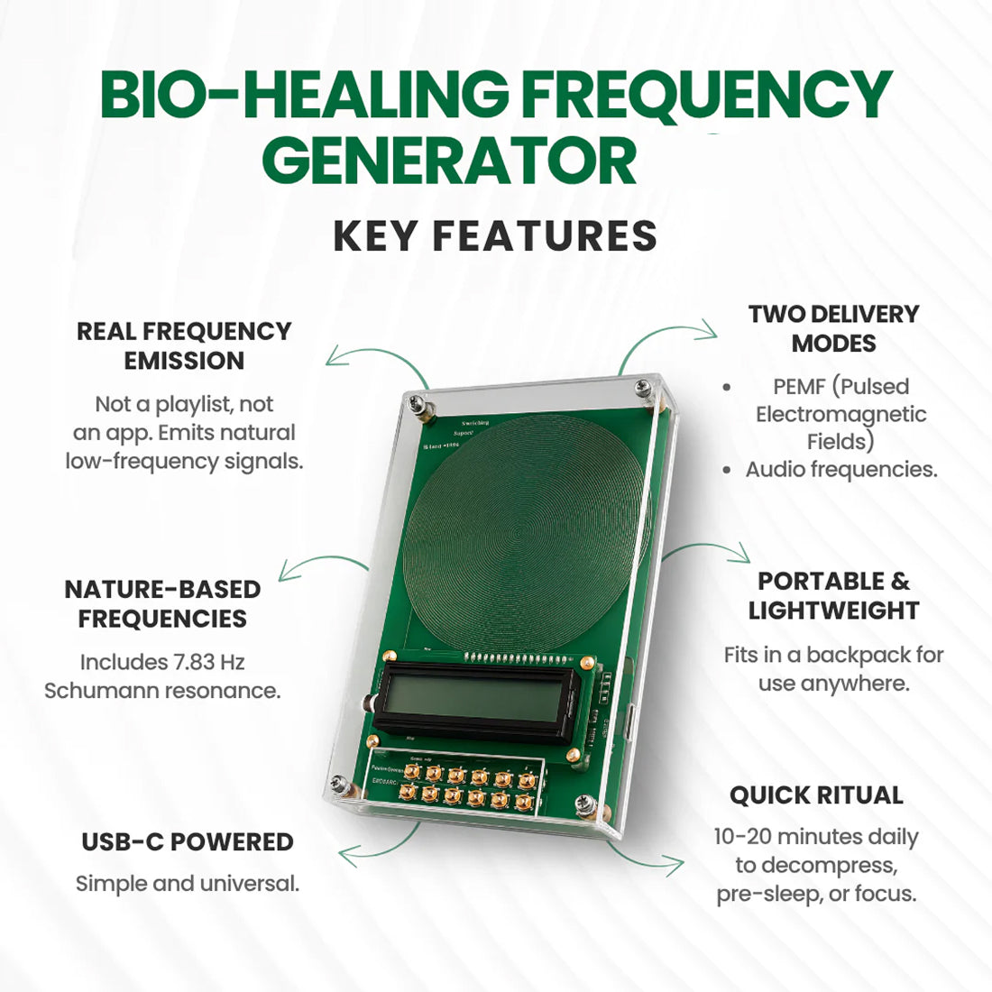 Bio-healing VanotCine Frequency Generator with key features listed on a white background