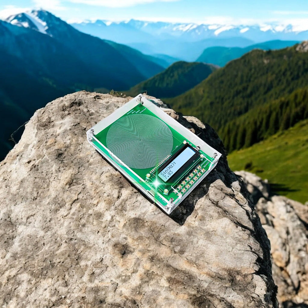 VanotCine Frequency Generator on a rock with mountainous landscape in the background
