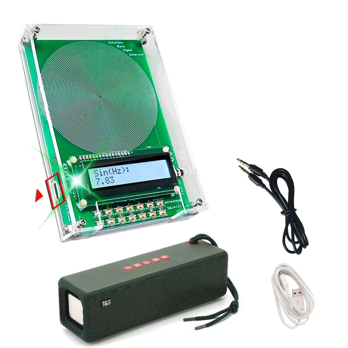 VanotCine Frequency Generator with screen, power bank, and cables on a white background