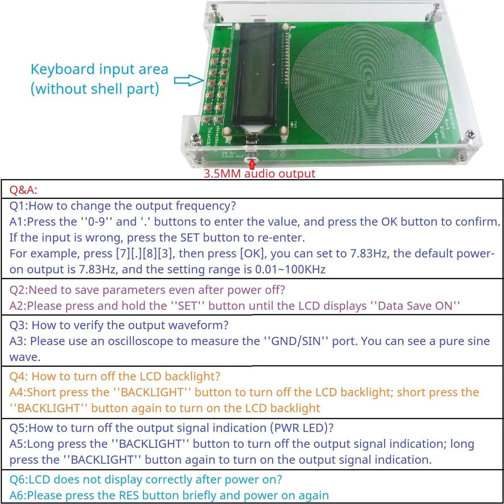 VanotCine Frequency Generator with keyboard input area and 3.5MM audio output on a white background