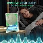 Woman sleeping with a VanotCine Frequency Generator labeled '7.83Hz Schumann Wave' to improve sleep quality.