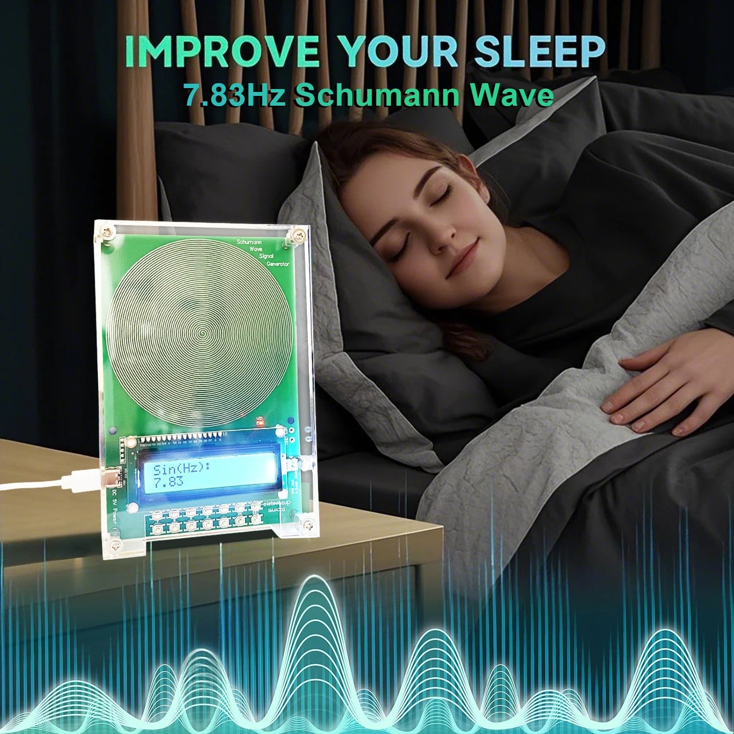 Woman sleeping with a VanotCine Frequency Generator labeled '7.83Hz Schumann Wave' to improve sleep quality.