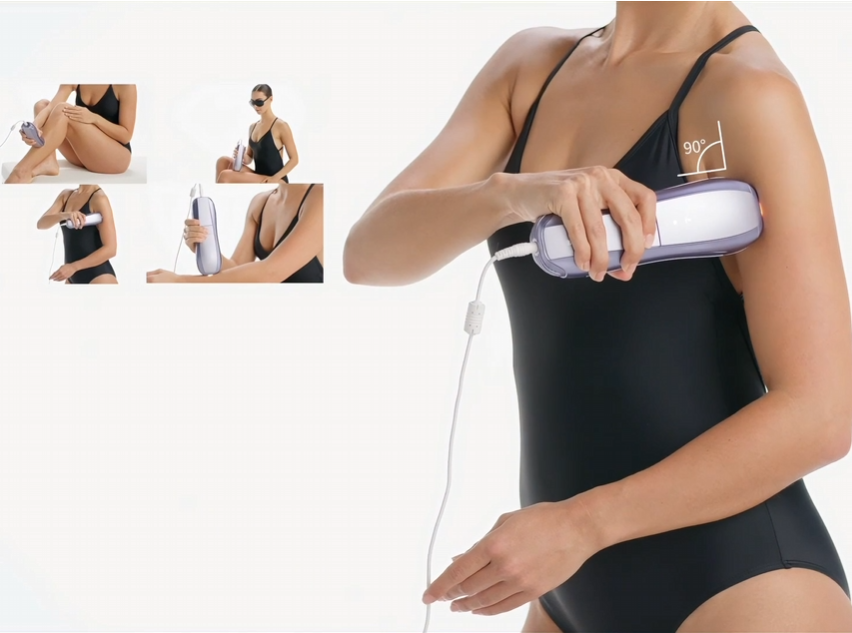 Woman using a Veliss Pro 10S IPL Hair Removal Device on her arm with inset images showing different uses.