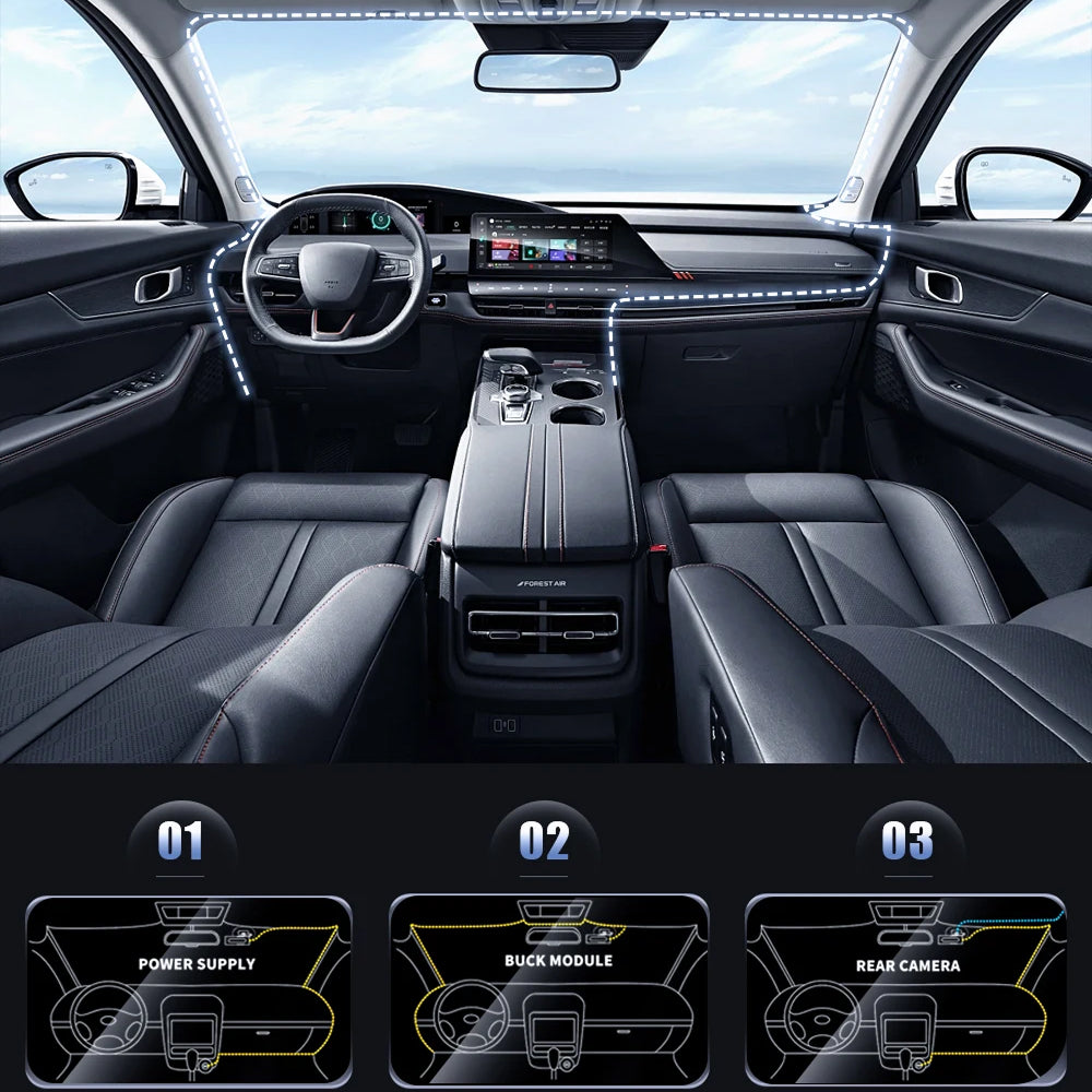 Car interior with dashboard and steering wheel, featuring a digital display and control panel.