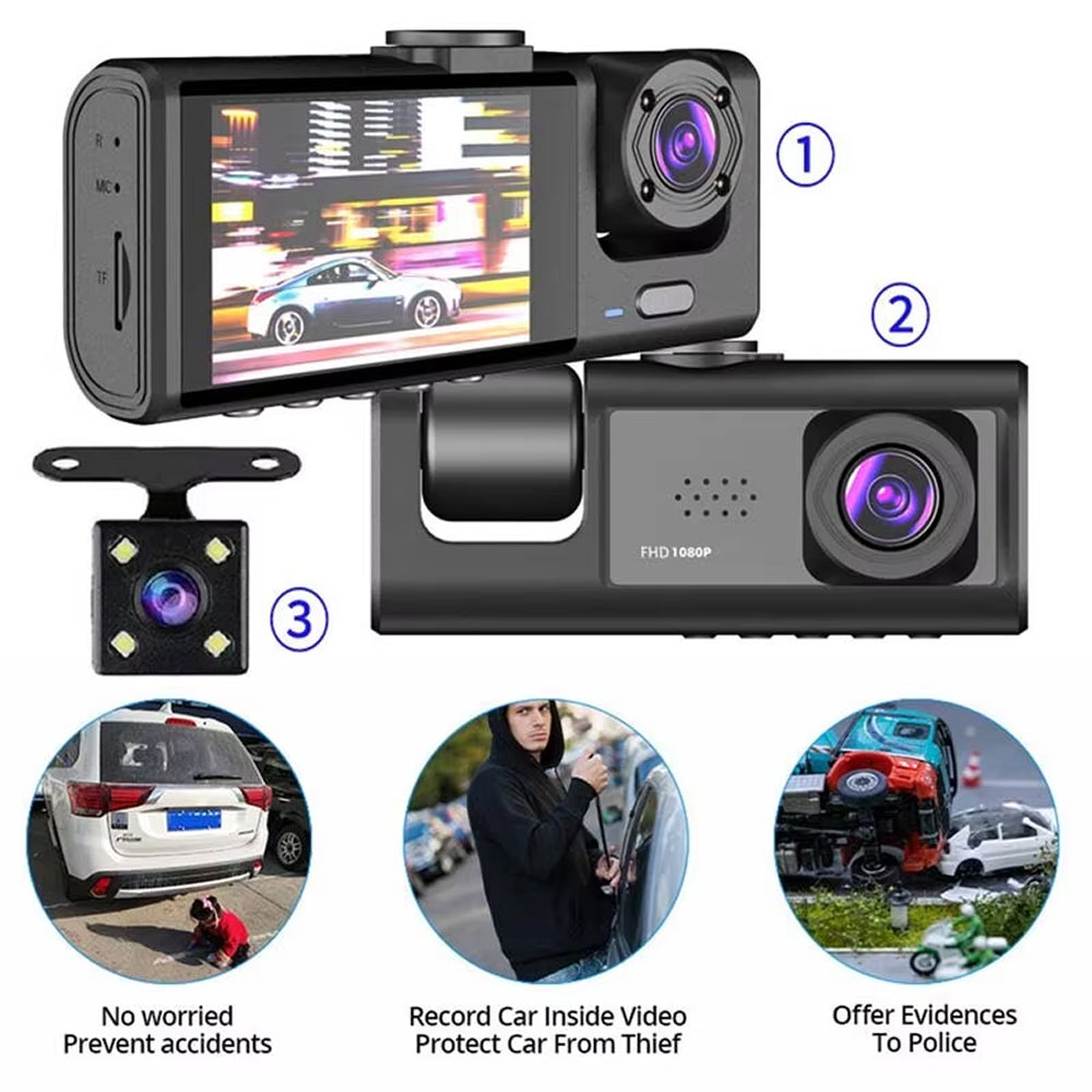 VisiDryve Dashcam with multiple lenses and features highlighted on a white background