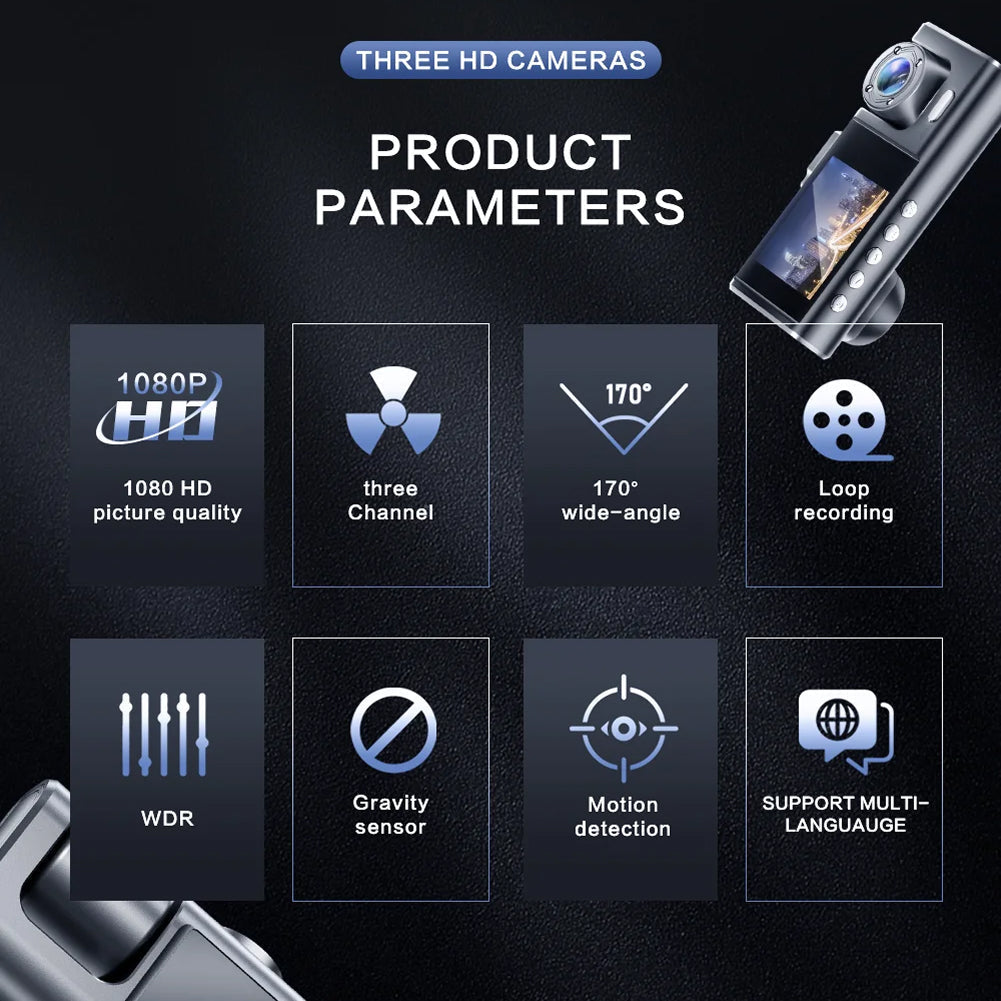 VisiDryve Dashcam parameters of a camera system with icons and text on a dark background