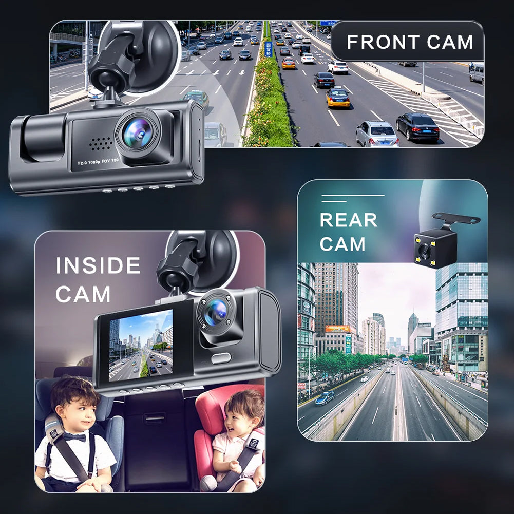 Car VisiDryve Dashcam camera with front, inside, and rear views on a road and interior settings.