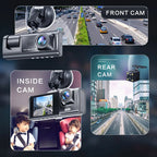 Car VisiDryve Dashcam camera with front, inside, and rear views on a road and interior settings.