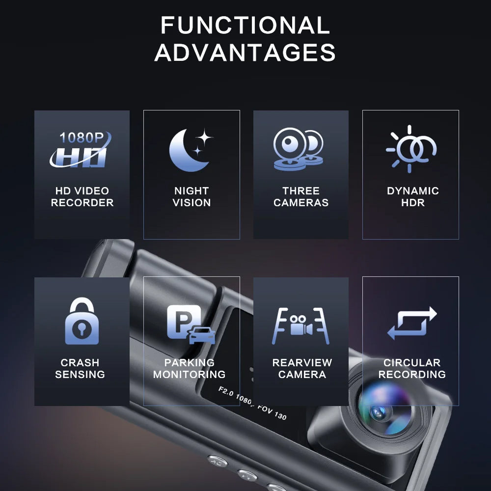 VisiDryve Dashcam with functional advantages highlighted on a dark background
