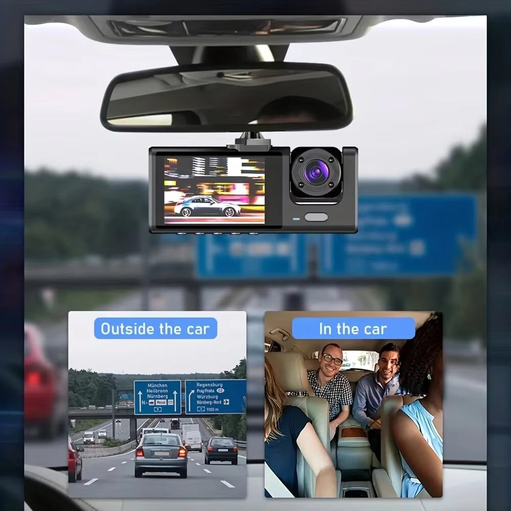 VisiDryve Dashcam showing views outside and inside the car on a highway.