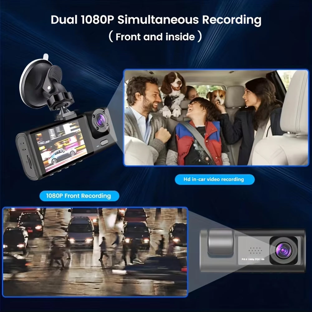 VisiDryve Dashcam with dual 1080P recording capability, showing family in car and traffic scene.