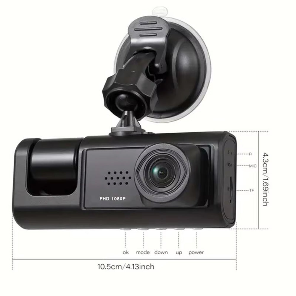 VisiDryve Dashcam with suction cup and dimensions on a white background