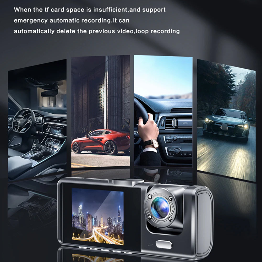 VisiDryve Dashcam with various scenes displayed on its screen, including car interior, road, and cityscape.
