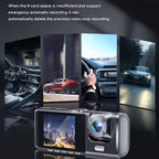 VisiDryve Dashcam with various scenes displayed on its screen, including car interior, road, and cityscape.