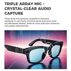 Visioxe AI Smart Glasses with triple array mic technology on a futuristic background