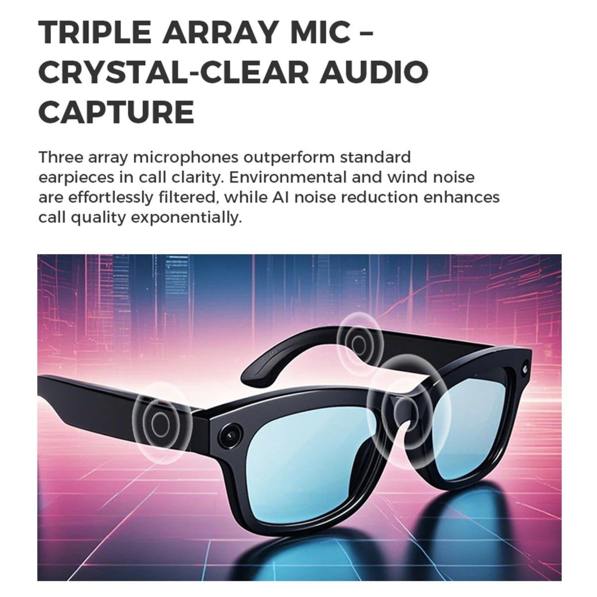 Visioxe AI Smart Glasses with triple array mic technology on a futuristic background
