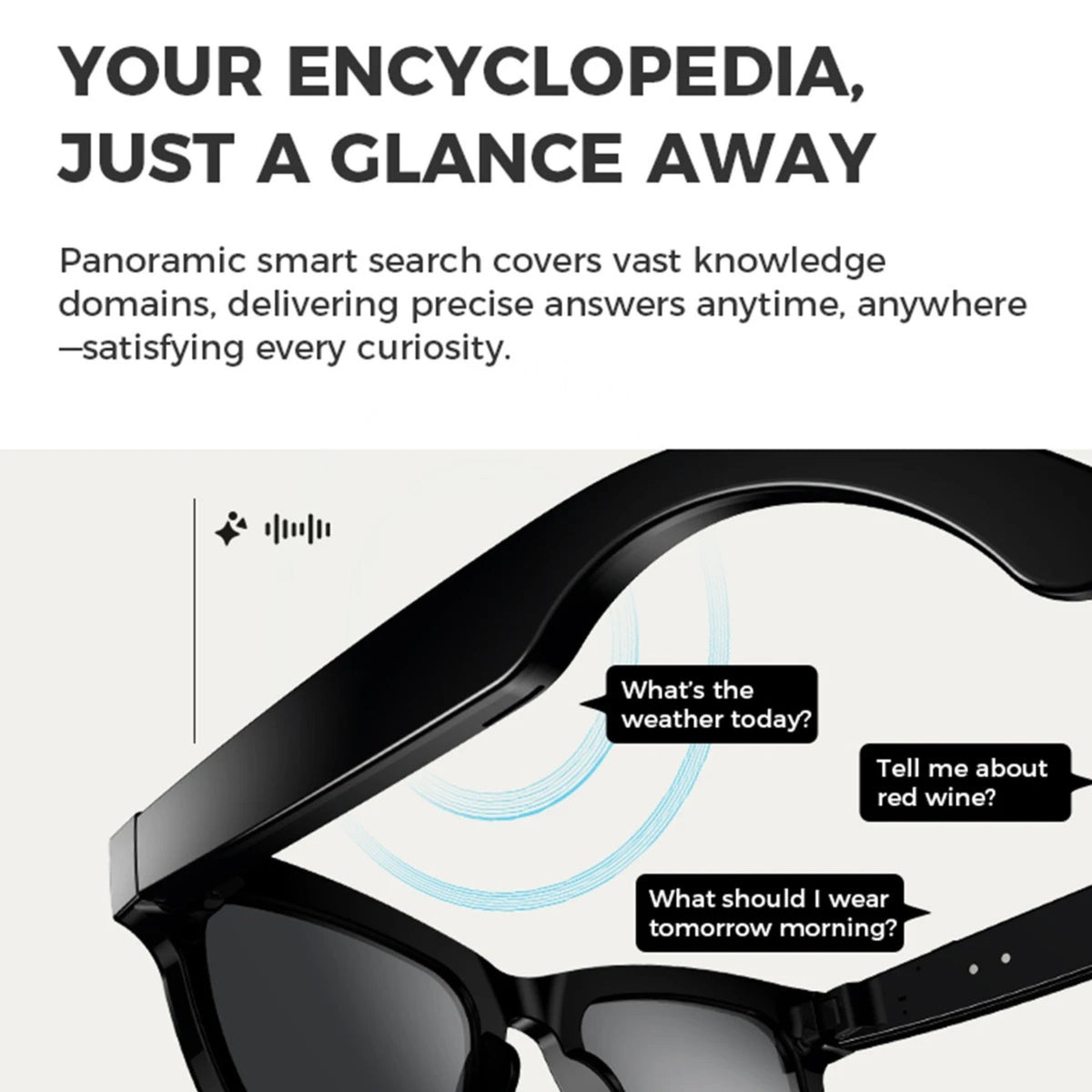 Visioxe AI Smart Glasses with text overlay on a white background