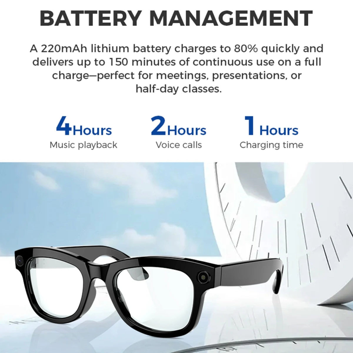 Visioxe AI Smart Glasses with battery management information on a white background