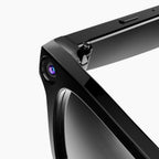 Close-up of a black Visioxe AI Smart Glasses with camera and front-facing camera on a white background