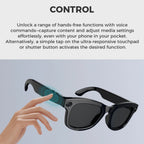 Visioxe AI Smart Glasses with a touchpad on the arm, indicating hands-free control features.