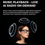Advertisement for music playback and AI radio on-demand with a woman wearing glasses and concentric circles around her head.
