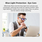 Person wearing Visioxe AI Smart Glasses filtering glasses while using a laptop with text about blue light protection and eye care.