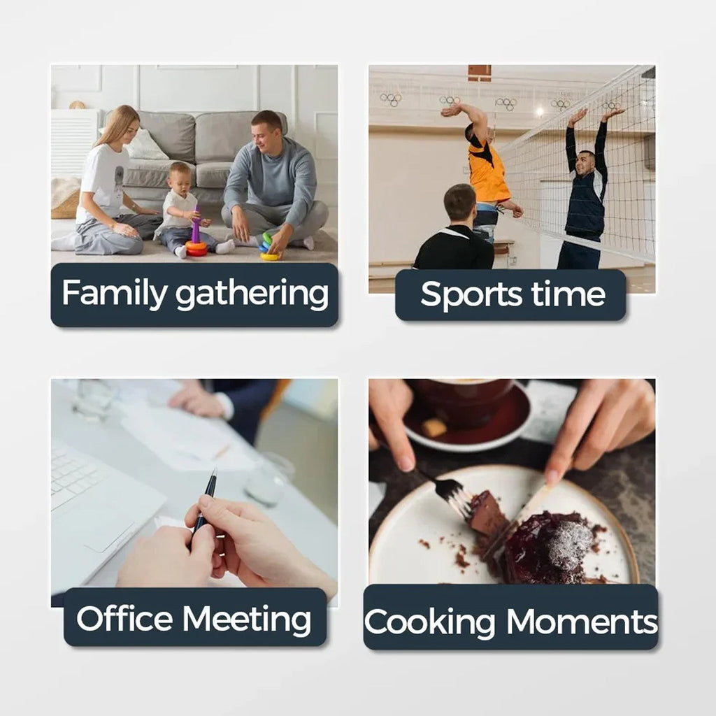 Four different scenes labeled 'Family gathering', 'Sports time', 'Office Meeting', and 'Cooking Moments' on a light gray background.