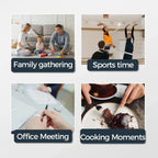 Four different scenes labeled 'Family gathering', 'Sports time', 'Office Meeting', and 'Cooking Moments' on a light gray background.