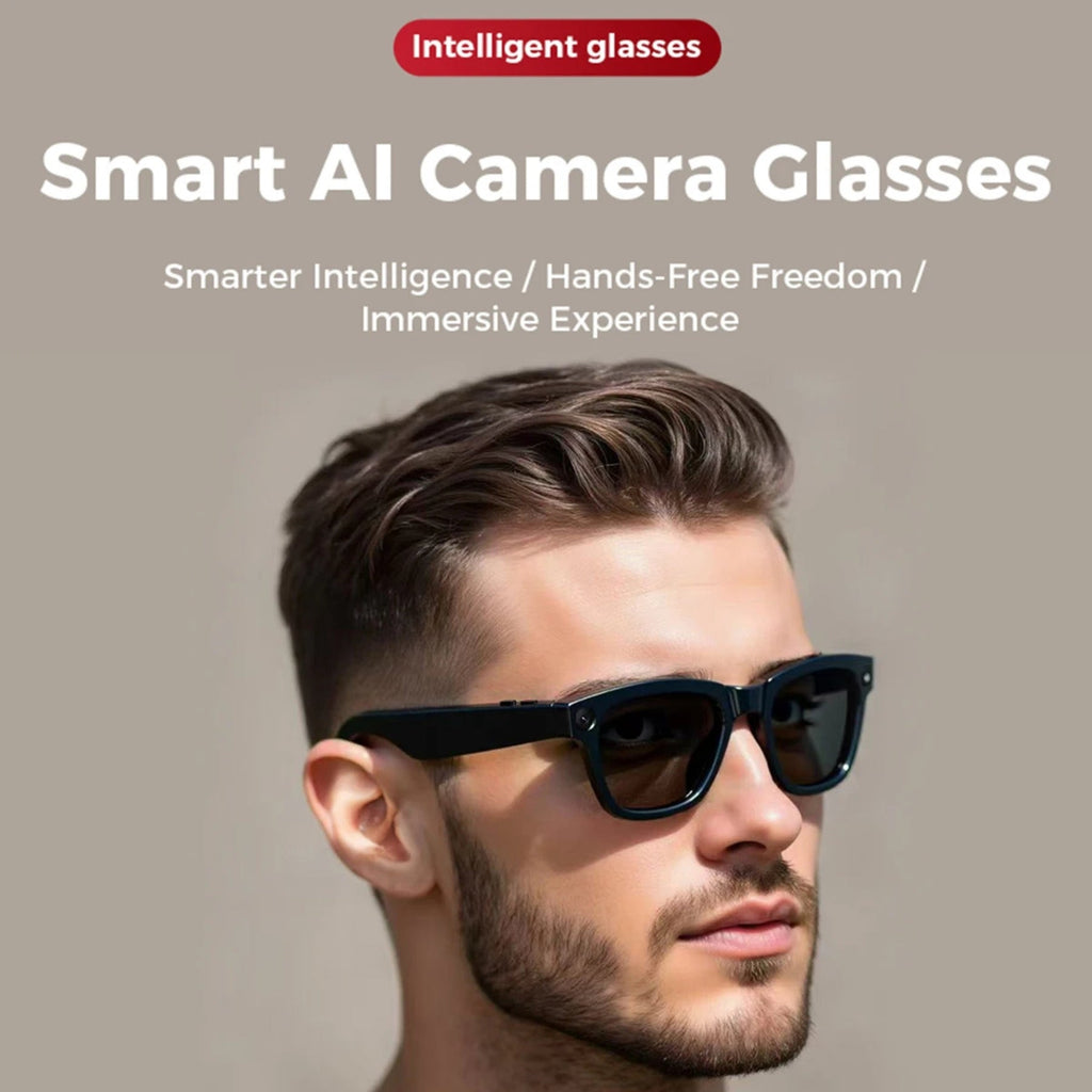 Man wearing Visioxe AI Smart Glasses glasses with promotional text on a beige background