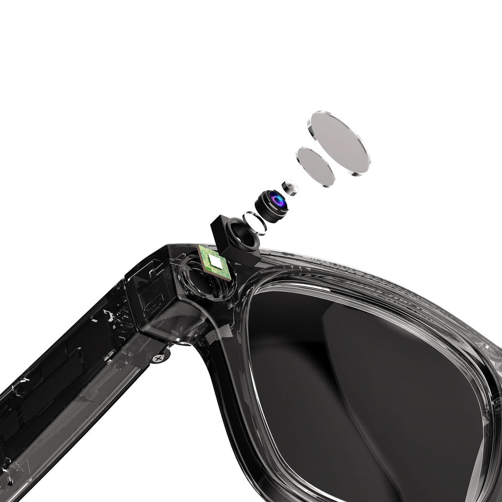 Visioxe AI Smart Glasses with a clear lens and black frame, showing internal components on a white background.
