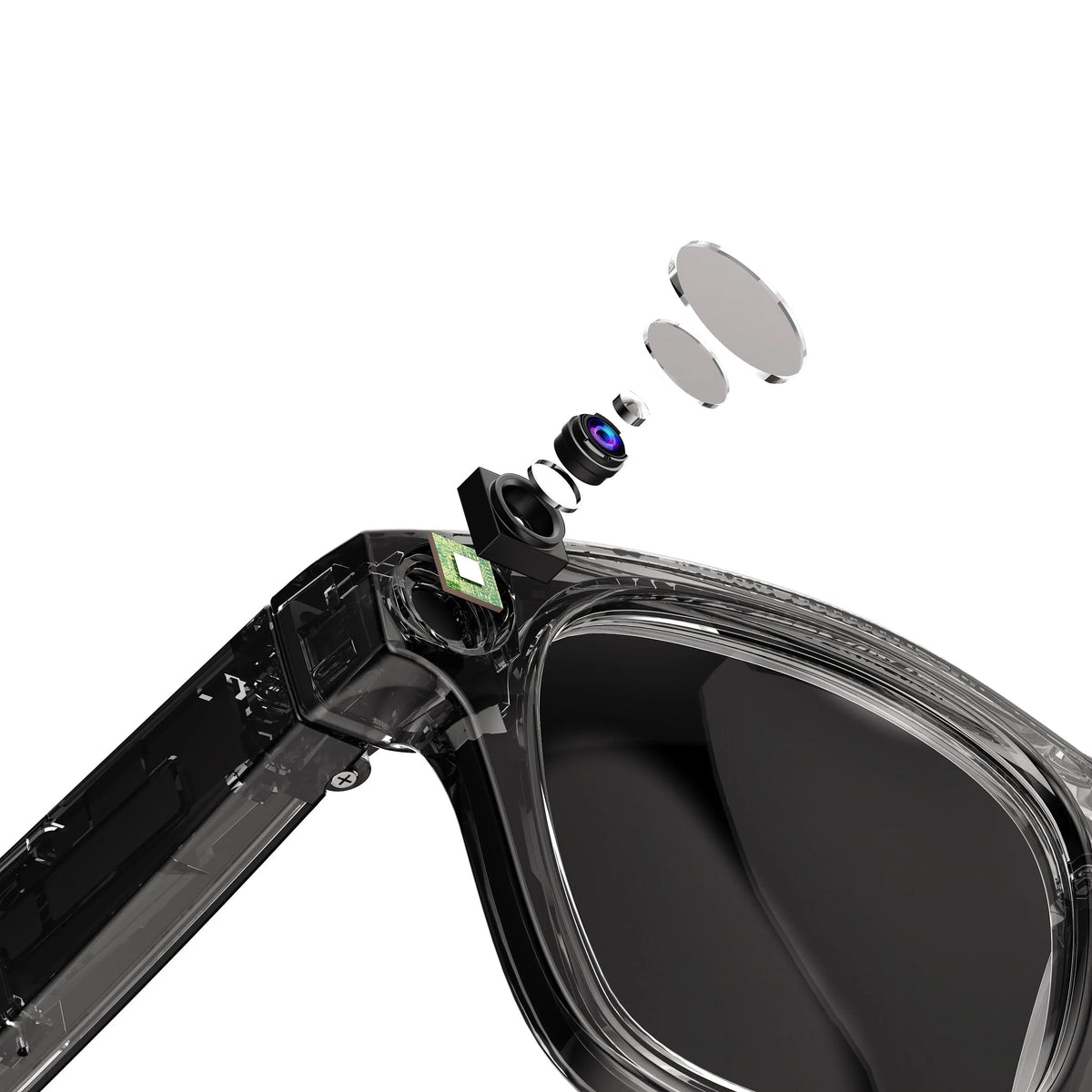Visioxe AI Smart Glasses with a clear lens and black frame, showing internal components on a white background.