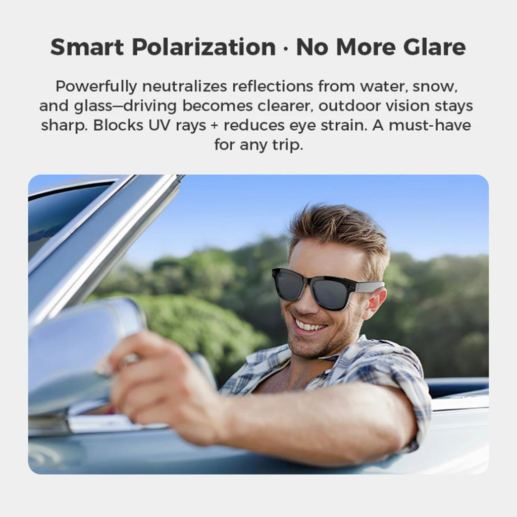 Man driving a car wearing Visioxe AI Smart Glasses with text about smart polarization.