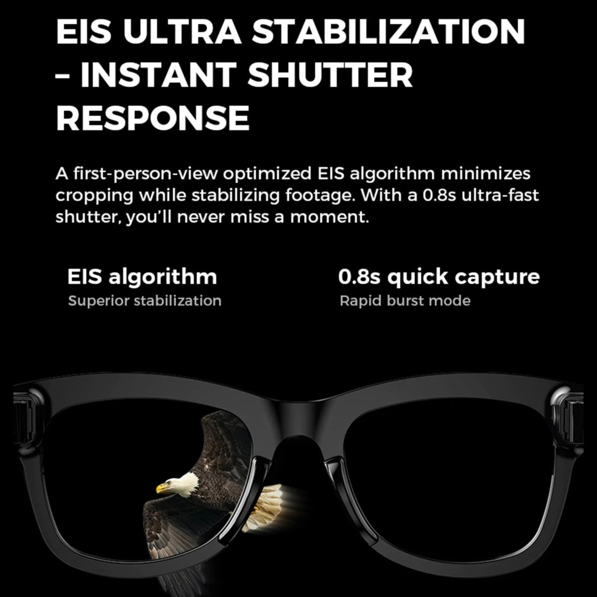 Visioxe AI Smart Glasses with EIS ultra stabilization feature and text on a black background