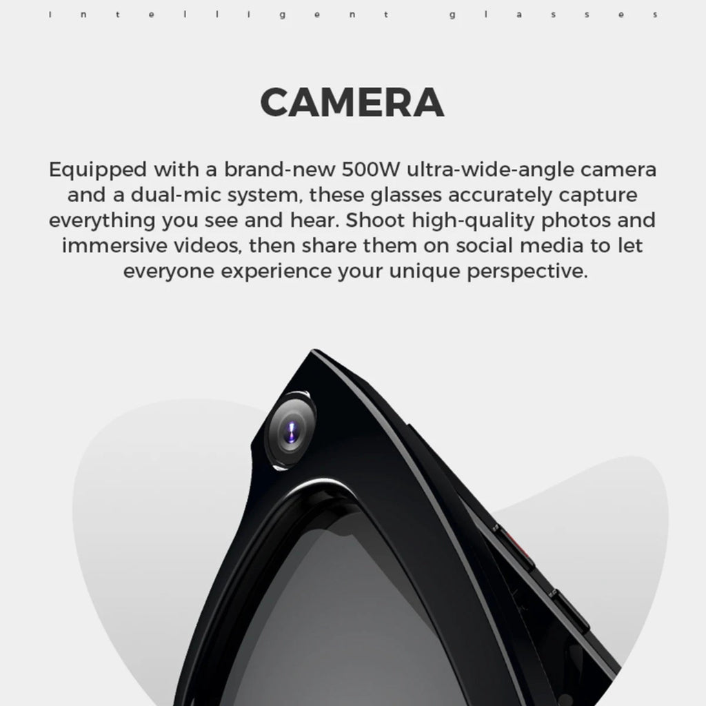 Visioxe AI Smart Glasses -equipped glasses with text about features on a white background