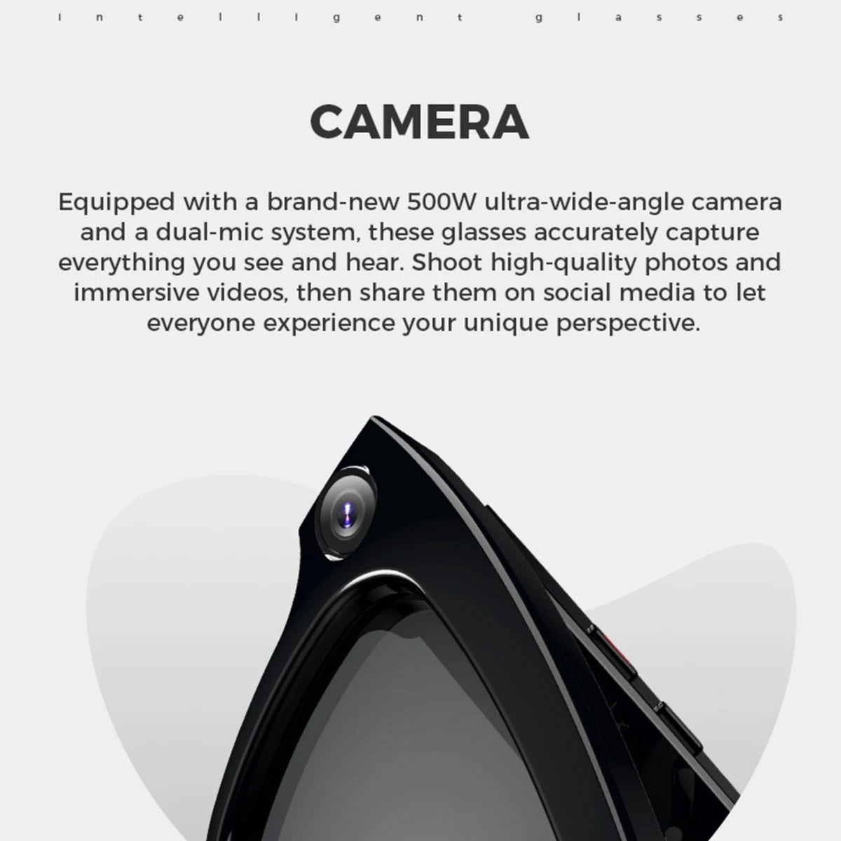 Visioxe AI Smart Glasses -equipped glasses with text about features on a white background