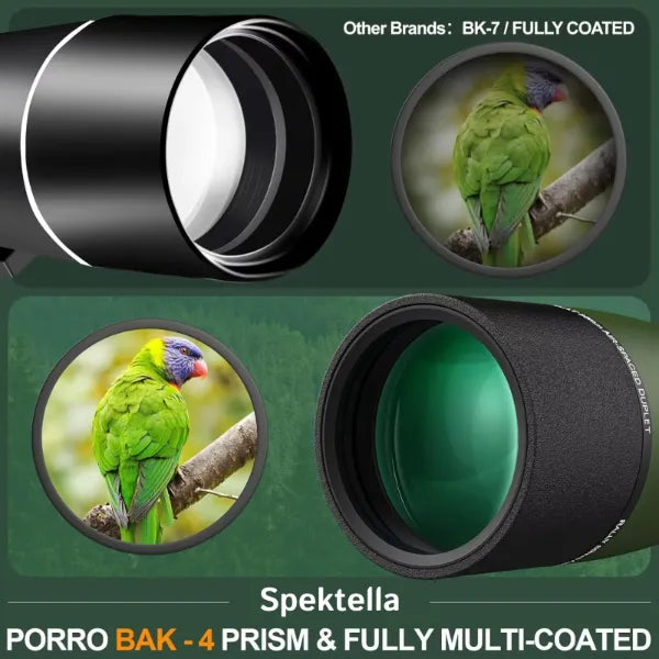 Spektelia PORRO BAK-4 prism with a green parrot on a branch in the background
