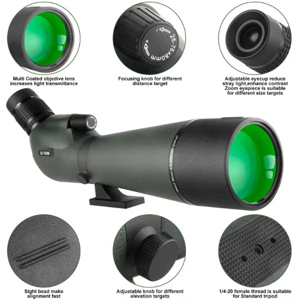 VistaPro Spotting Scope sight with detailed features labeled on a white background
