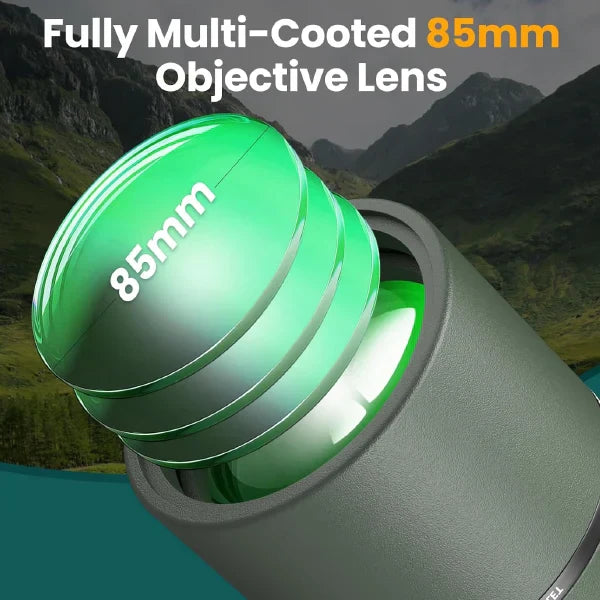 85mm objective lens with mountainous landscape in the background