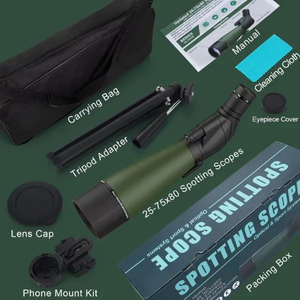 VistaPro Spotting Scope with accessories on a green background