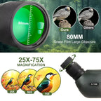 Optical VistaPro Spotting Scope with 80mm green film large objective and 25x-75x magnification, shown with bird images on a forest background.