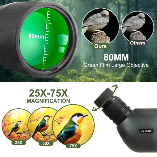 Optical VistaPro Spotting Scope with 80mm green film large objective and 25x-75x magnification, shown with bird images on a forest background.