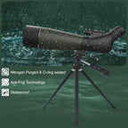 VistaPro Spotting Scope with tripod on a water background, featuring features like nitrogen purged and O-ring sealed, anti-fog technology, and waterproof design.