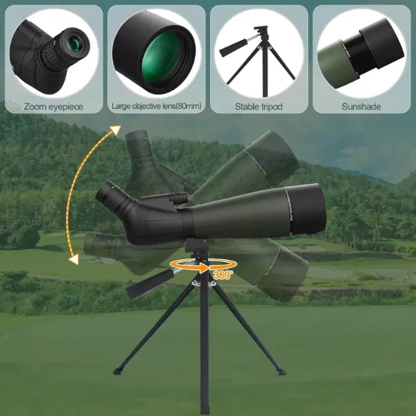 VistaPro Spotting Scope with zoom eyepiece, large objective lens, stable tripod, and sunshade on a green landscape background.