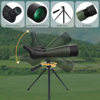 VistaPro Spotting Scope with zoom eyepiece, large objective lens, stable tripod, and sunshade on a green landscape background.
