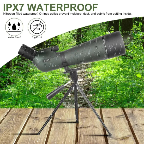 VistaPro Spotting Scope on a tripod with waterproof and fog-proof features against a forest background