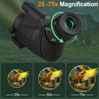 Black VistaPro Spotting Scope with 25-75x magnification on a green landscape background