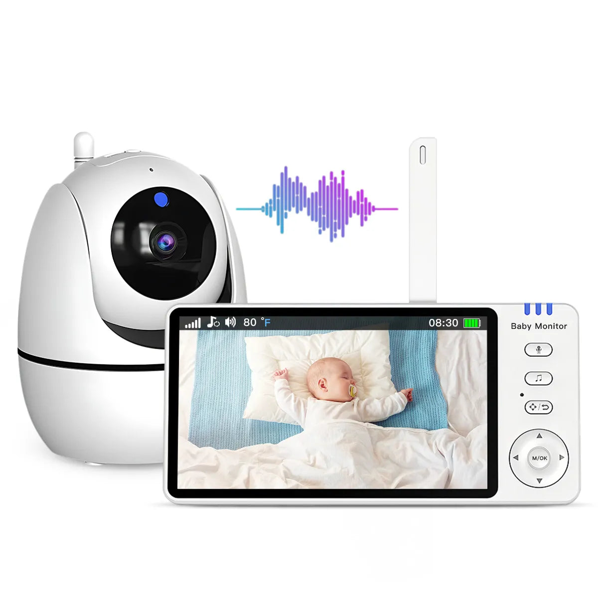 Wavel Baby Monitor with camera and screen displaying a baby, on a white background